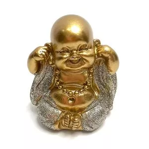 Mini Buda Decorativo Não Ouço Com Glitter<BR>- Dourado & Prateado<BR>- 6x4x3cm<BR>- Anna Therapy