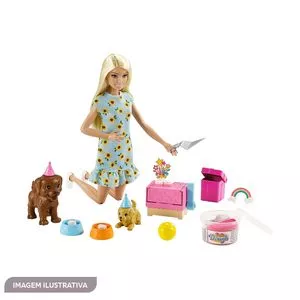 Boneca Barbie® Aniversário Cachorrinho<BR>- Azul Claro & Amarela<BR>- 7x32,5x23cm<BR>- Mattel