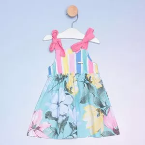 Vestido Infantil Floral Com Amarração<BR>- Rosa & Azul<BR>- Costão Fashion