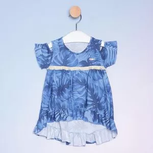 Blusa Infantil Folhagens Com Franjas & Babados<BR>- Azul & Azul Marinho<BR>- Costão Fashion