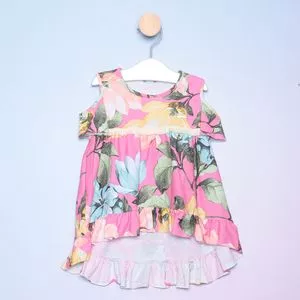 Blusa Infantil Floral Com Franjas & Babados<BR>- Rosa & Verde<BR>- Costão Fashion