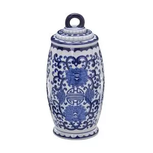 Potiche Decorativo De Arabesco<BR>- Azul & Branco<BR>- 24,5xØ14cm<BR>- Espressione