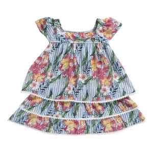 Vestido Infantil Floral Com Sobreposições<BR>- Azul Claro & Rosa<BR>- Pinoti Baby & Kids