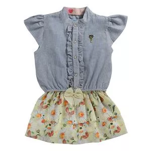 Vestido Infantil Floral Com Botões<BR>- Azul & Amarelo Claro<BR>- Pinoti Baby & Kids