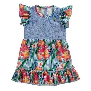 Vestido Infantil Floral<BR>- Azul Claro & Vermelho<BR>- Pinoti Baby & Kids