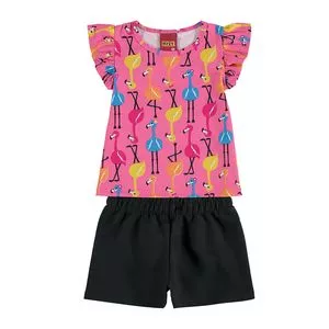 Conjunto Infantil De Blusa Flamingos & Short<BR>- Rosa & Preto<BR>- Kyly