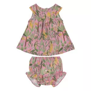 Vestido Infantil Floresta Tropical<BR>- Rosa & Verde