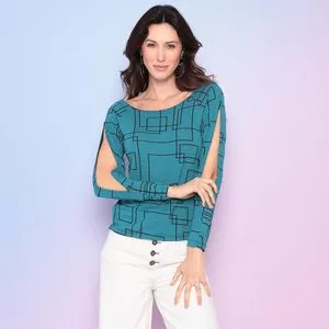 Blusa Geométrica Com Vazados<BR>- Verde Escuro & Preta<BR>- Maria Padilha