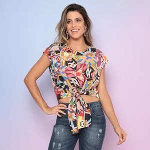 Blusa Com Amarração<BR>- Preta & Rosa<BR>- Amapô