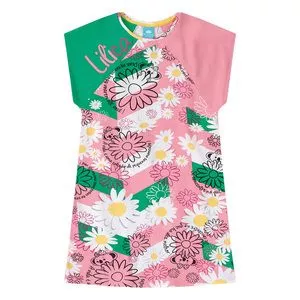 Vestido Infantil Floral<BR>- Rosa & Verde