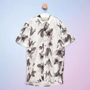 Camisa Juvenil Floral<BR>- Off White & Cinza Escuro