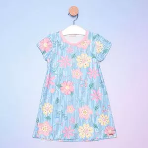 Vestido Infantil Floral<BR>- Azul Claro & Rosa Claro