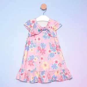Vestido Infantil Floral Com Torção<BR>- Rosa Claro & Azul Claro