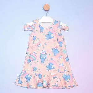Vestido Infantil Hipopótamos<BR>- Rosa Claro & Azul
