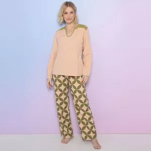 Pijama Manga Longa & Calça<BR>- Rosa Claro & Verde<BR>- Sonhart