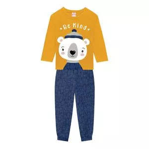 Conjunto Infantil De Camiseta Urso & Calça Jogger Gatinhos<BR>- Amarelo Escuro & Azul Escuro