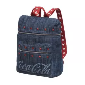 Mochila Jeans Coca-Cola®<BR>- Azul Escuro & Vermelha<BR>- 33x27x12cm<BR>- Coca-Cola