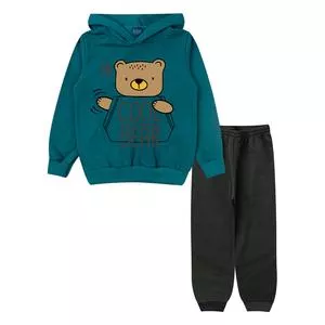 Conjunto Infantil De Blusão Cool Bear & Calça Jogger<BR>- Verde Escuro & Preto<BR>- Duduka