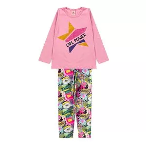 Conjunto Infantil De Camiseta Girl Power & Legging<BR>- Rosa & Azul Claro<BR>- Laluna