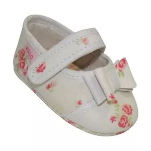 Sapato Boneca Floral Com Laço<BR>- Branco & Rosa<BR>- Kello