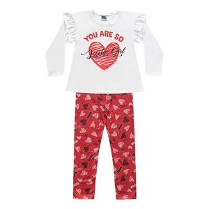 Conjunto Infantil De Blusa Com Inscrições & Legging Corações<BR>- Branco & Vermelho Escuro