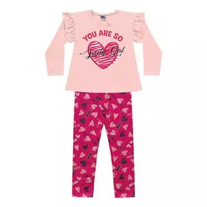 Conjunto Infantil De Blusa Com Inscrições & Legging Corações<BR>- Rosa Claro & Pink