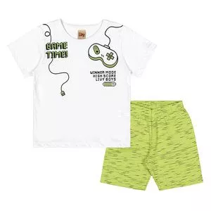 Conjunto De Camiseta Vídeo Game & Bermuda Lisa<BR>- Branco & Verde Claro<BR>- Livy Malhas