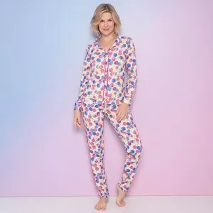Pijama Poá Com Botões<BR>- Off White & Rosa<BR>- Bela Notte