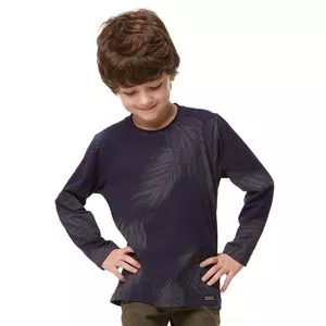 Camiseta Infantil Folhagens<BR>- Azul Marinho & Cinza Escuro