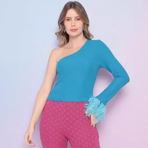 Blusa Ombro Único Canelada Com Pluma<BR>- Azul