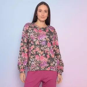 Blusa Floral Com Recortes<BR>- Preta & Pink<BR>- Arsenal