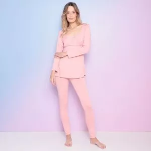 Pijama Em Malha Com Renda<BR>- Rosa Claro