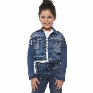 Jaqueta Jeans Infantil Com Aplicações<BR>- Azul<BR>- Kukixo