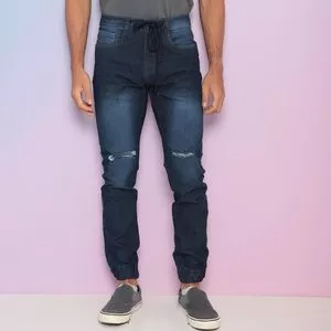 Calça Jeans Jogger Com Bolsos<BR>- Azul Escuro