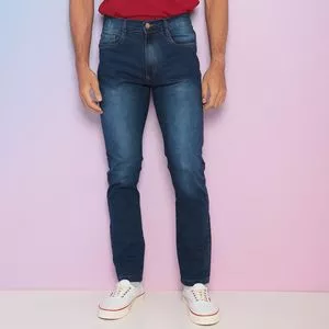 Calça Jeans Reta Com Bolsos<BR>- Azul Marinho