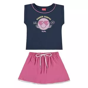 Conjunto Infantil De Blusa Emoji & Short Saia<BR>- Azul Marinho & Pink<BR>- Kely e Kety