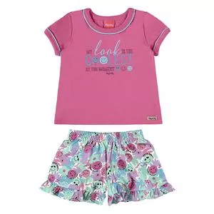 Conjunto Infantil De Blusa Com Inscrição & Short Emojis<BR>- Pink & Verde Claro<BR>- Kely e Kety