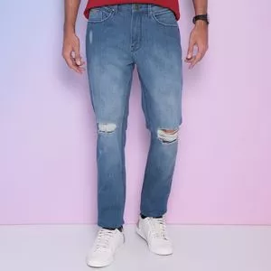 Calça Jeans Reta Com Puídos<BR> - Azul<BR> - Guess