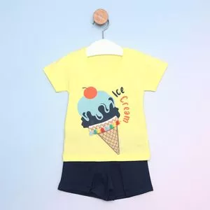 Conjunto Infantil De Blusa Sorvete & Short Liso<BR>- Amarelo & Azul Marinho<BR>- Costão Têxtil