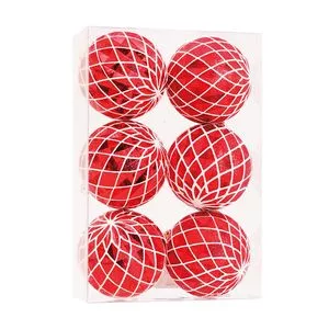 Jogo De Bolas Decorativas Geométricas<BR>- Vermelho & Branco<BR>- 6Pçs<BR>- Ø8cm<BR>- Cromus