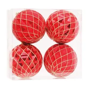 Jogo De Bolas Decorativas Geométricas<BR>- Vermelho & Dourado<BR>- 4Pçs<BR>- Ø10cm<BR>- Cromus