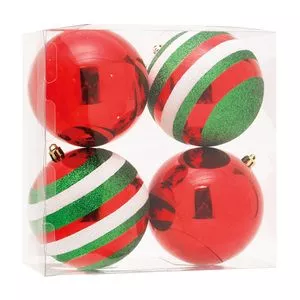 Jogo De Bolas Decorativas<BR>- Vermelho & Verde<BR>- 4Pçs<BR>- Ø10cm<BR>- Cromus