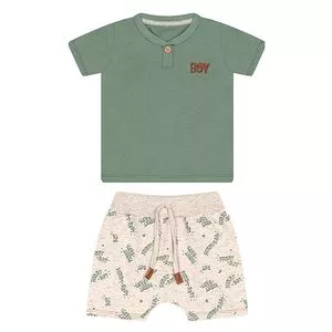 Conjunto Infantil De Camiseta & Bermuda Com Amarração<BR>- Verde Militar & Off White<BR>- Tile & Sul