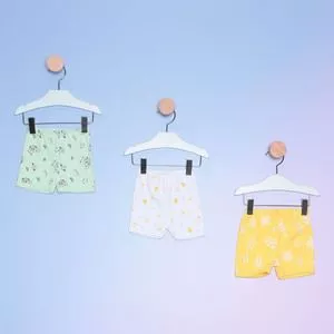 Kit Infantil De Shorts Com Inscrição<BR>- Verde Claro & Branco<BR>- 3Pçs<BR>- Bicho Molhado