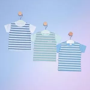 Kit Infantil De Camisetas Listradas<BR>- Azul & Verde<BR>- 3Pçs<BR>- Bicho Molhado