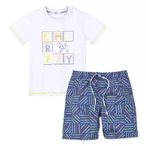 Conjunto Infantil De Camiseta & Bermuda Abstrata<BR>- Branco & Azul Escuro