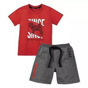Conjunto Infantil De Camiseta Cachorrinho & Bermuda Em Moletom<BR>- Vermelho & Cinza Escuro