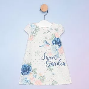Vestido Infantil Sweet Garden<BR>- Off White & Azul<BR>- Petit Cherie