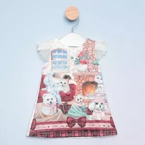 Vestido Infantil Cachorrinhos & Gatinhos<BR>- Off White & Vermelho Escuro<BR>- Petit Cherie