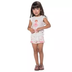 Conjunto Infantil De Blusa Bailarina & Short Floral<BR>- Branco & Pink